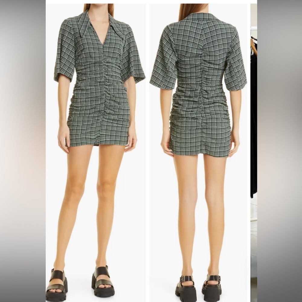 Ganni Check Ruched V-Neck Stretch Seersucker Minidress